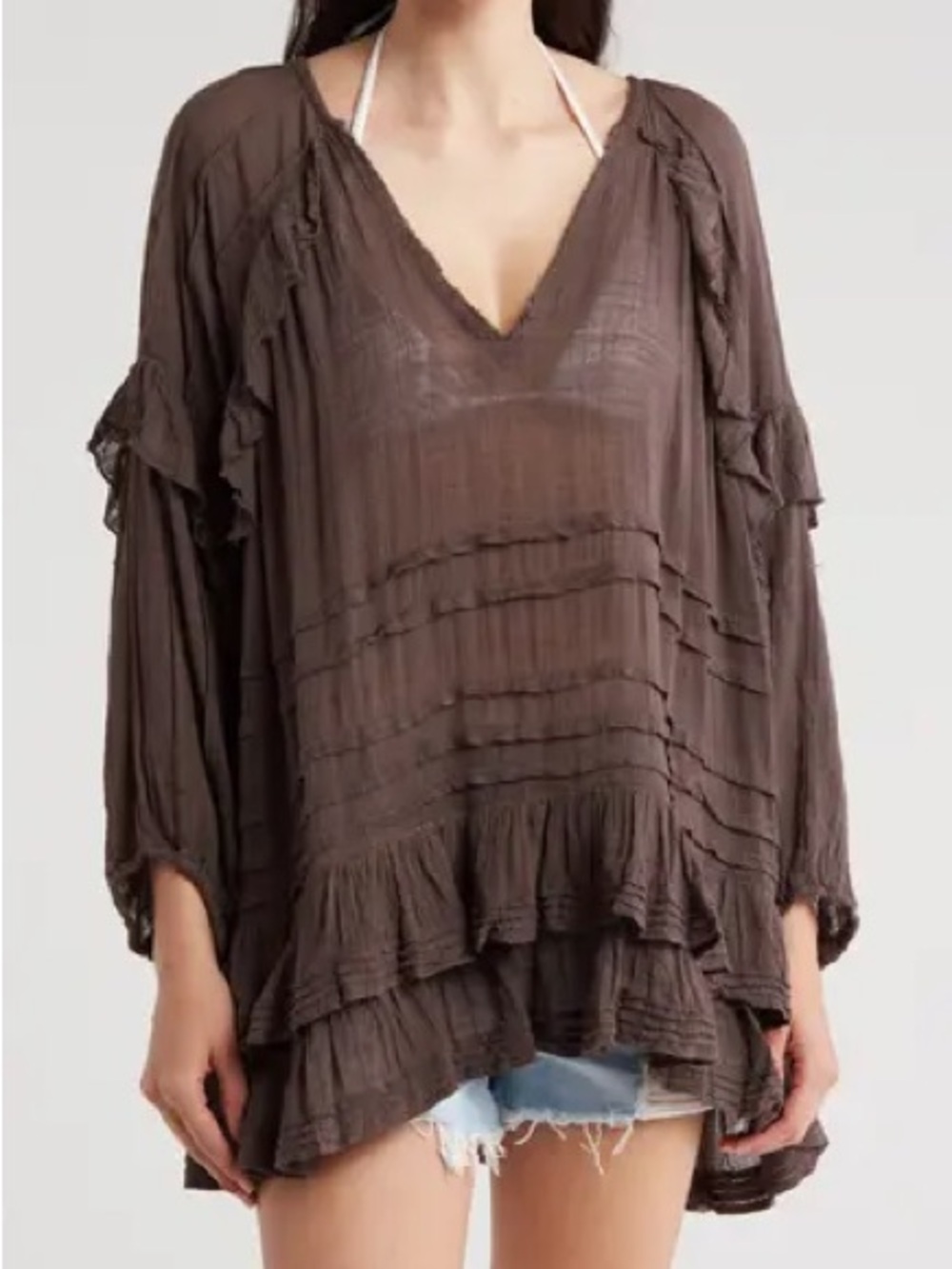 Free People FP One Tamasi V Neck Oversized Ruffle semi-sheer Gray Tunic NWT sz S - Picture 8 of 10